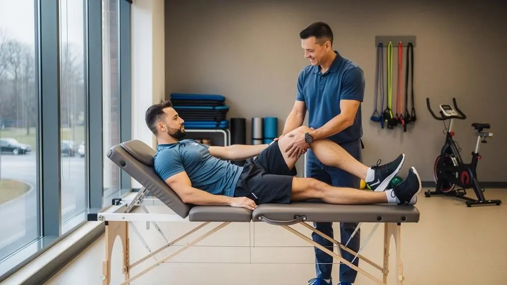 Physiotherapist guiding an athlete through a knee rehabilitation exercise in a clinic