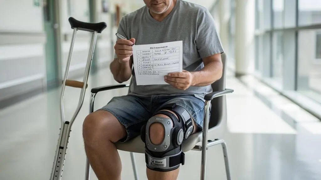 Patient with a knee brace and crutches reviewing a checklist in a hospital corridor