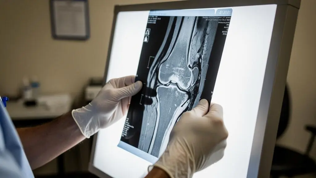Orthopedic surgeon examining a knee MRI film against a light box